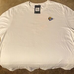 Nike Men's White Long-Sleeve Tee with Small Blue & Yellow Logo